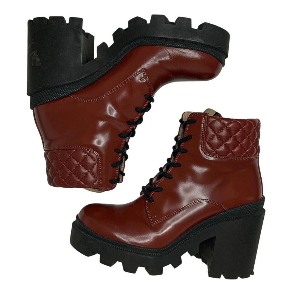Gucci Magnum Garnet Red Patent Leather Lug Sole Lace Up Boots 37.5 Block Heel - Picture 7 of 12